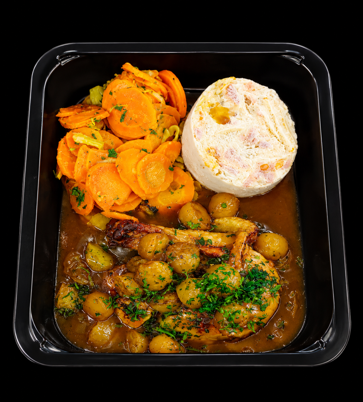 Un pintadeau aux poires gratin dauphinois carottes